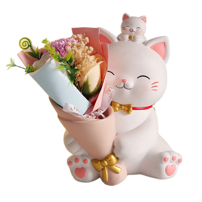 Resin Lucky Cat with Flower Bouquet – Feng Shui Home & Office Decor, Living Room & Entryway Ornament