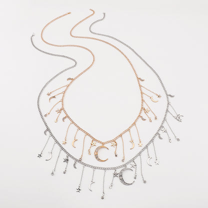 Bohemian Celestial Waist Chain – Star & Moon Necklace with Tassels, White Gold-Plated Jewelry for Women