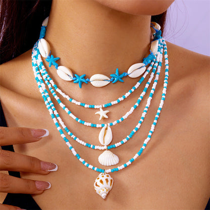 5-Piece Multi-Layer Summer Beach Necklace Set – Starfish, Shell, Conch & Bead Fashion Jewelry for Women