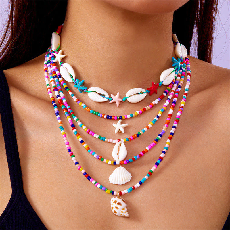 5-Piece Multi-Layer Summer Beach Necklace Set – Starfish, Shell, Conch & Bead Fashion Jewelry for Women