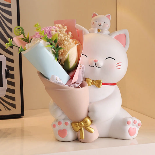 Resin Lucky Cat with Flower Bouquet – Feng Shui Home & Office Decor, Living Room & Entryway Ornament