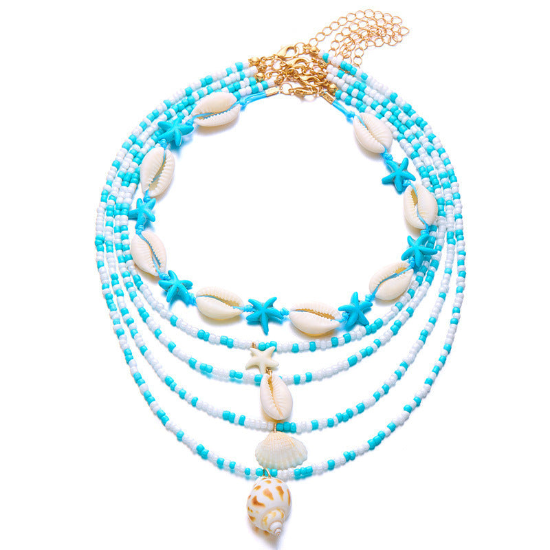 5-Piece Multi-Layer Summer Beach Necklace Set – Starfish, Shell, Conch & Bead Fashion Jewelry for Women