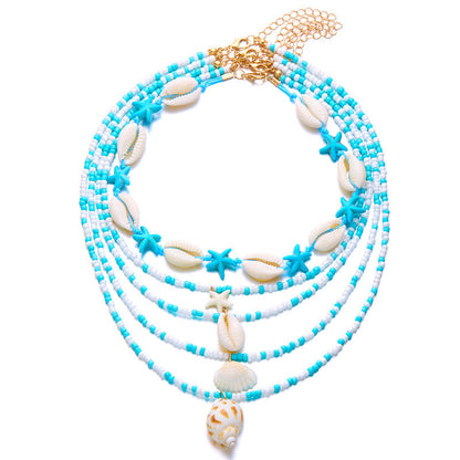 5-Piece Multi-Layer Summer Beach Necklace Set – Starfish, Shell, Conch & Bead Fashion Jewelry for Women