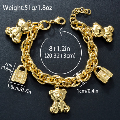 Gold-Tone Bear & Handbag Charm Bracelet – Elegant Copper Jewelry with Teddy Bear & Lock Pendants, Perfect Gift for Parties & Daily Wear