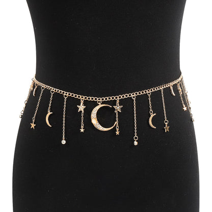 Bohemian Celestial Waist Chain – Star & Moon Necklace with Tassels, White Gold-Plated Jewelry for Women