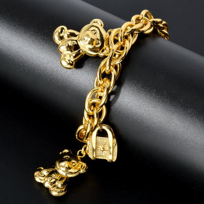 Gold-Tone Bear & Handbag Charm Bracelet – Elegant Copper Jewelry with Teddy Bear & Lock Pendants, Perfect Gift for Parties & Daily Wear