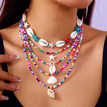 5-Piece Multi-Layer Summer Beach Necklace Set – Starfish, Shell, Conch & Bead Fashion Jewelry for Women