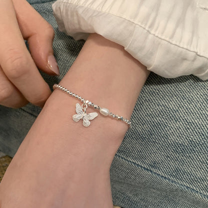 S925 Sterling Silver Butterfly & Pearl Bracelet for Women – Delicate Dainty Jewelry