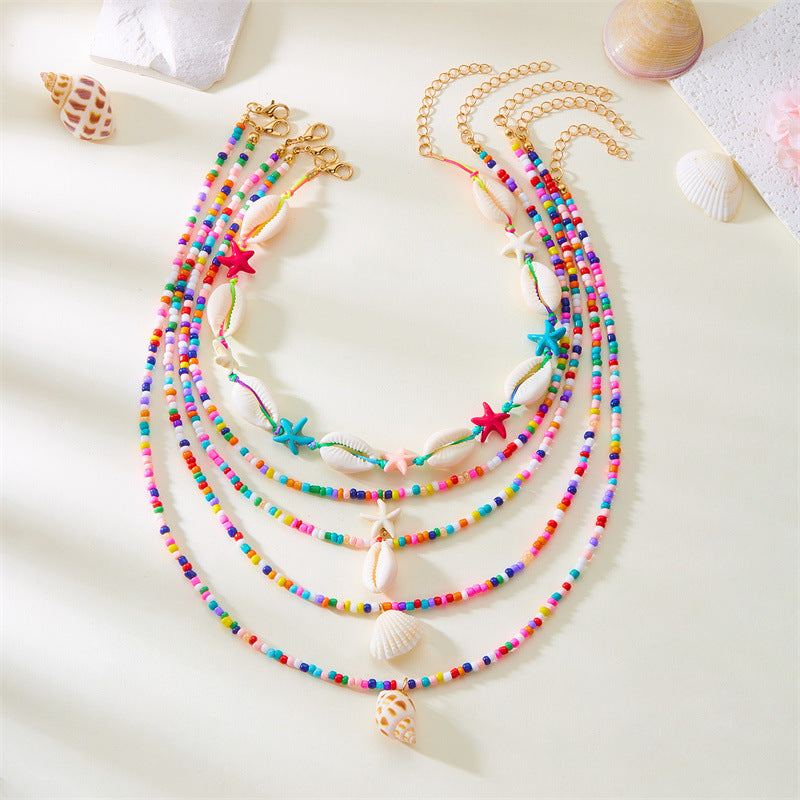 5-Piece Multi-Layer Summer Beach Necklace Set – Starfish, Shell, Conch & Bead Fashion Jewelry for Women