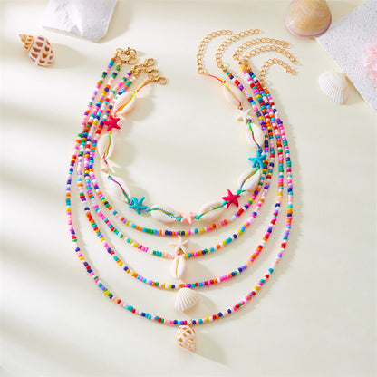 5-Piece Multi-Layer Summer Beach Necklace Set – Starfish, Shell, Conch & Bead Fashion Jewelry for Women