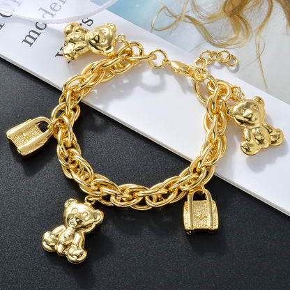 Gold-Tone Bear & Handbag Charm Bracelet – Elegant Copper Jewelry with Teddy Bear & Lock Pendants, Perfect Gift for Parties & Daily Wear