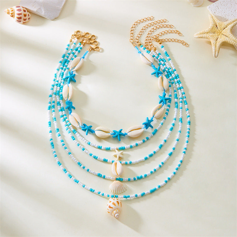 5-Piece Multi-Layer Summer Beach Necklace Set – Starfish, Shell, Conch & Bead Fashion Jewelry for Women