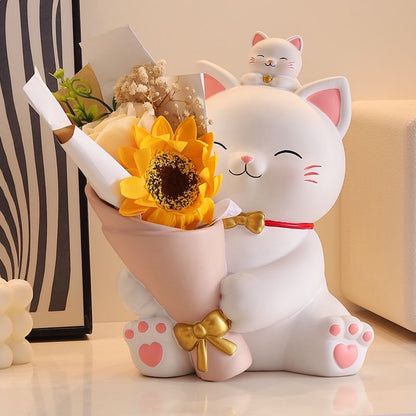 Resin Lucky Cat with Flower Bouquet – Feng Shui Home & Office Decor, Living Room & Entryway Ornament