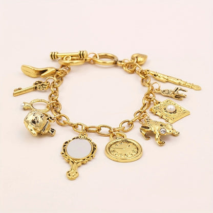 Vintage Charm Bracelet – Retro Clock, Mirror, Key, Frog, Teapot & Shoe Pendants, Unique Medieval Style Jewelry Gift