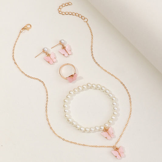 Girls’ Jewelry Gift Set – Butterfly Necklace with Pearl Bracelet, Ring & Earrings