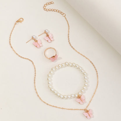 Girls’ Jewelry Gift Set – Butterfly Necklace with Pearl Bracelet, Ring & Earrings