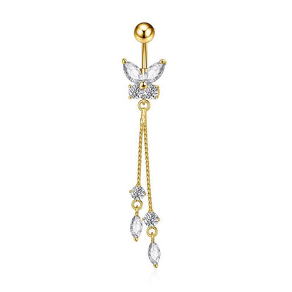Butterfly Zircon Tassel Belly Button Ring – Trendy Stainless Steel Navel Piercing Jewelry for Women