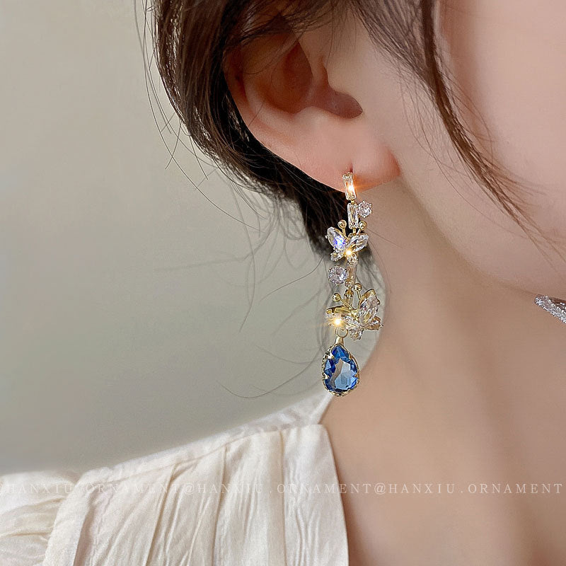 Zircon Butterfly Water Drop Tassel Earrings – Elegant Silver Needle Design