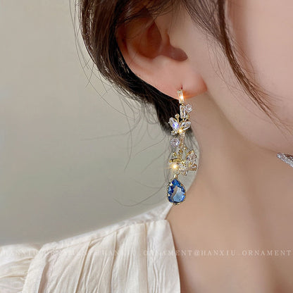 Zircon Butterfly Water Drop Tassel Earrings – Elegant Silver Needle Design