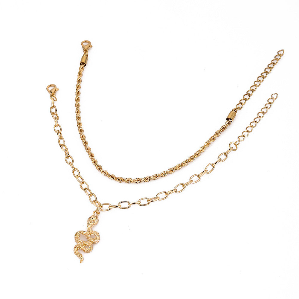 Fashion Snake Pendant Anklet – Double Circle Chain Twist Design for Women