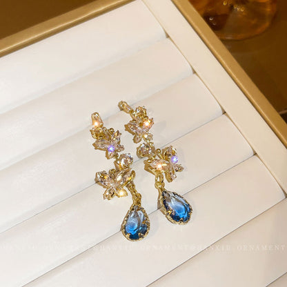 Zircon Butterfly Water Drop Tassel Earrings – Elegant Silver Needle Design