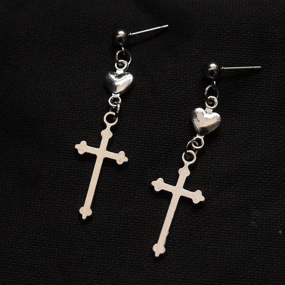 Dark Aesthetic Cross Heart Earrings – Vintage-Inspired Dangle Jewelry