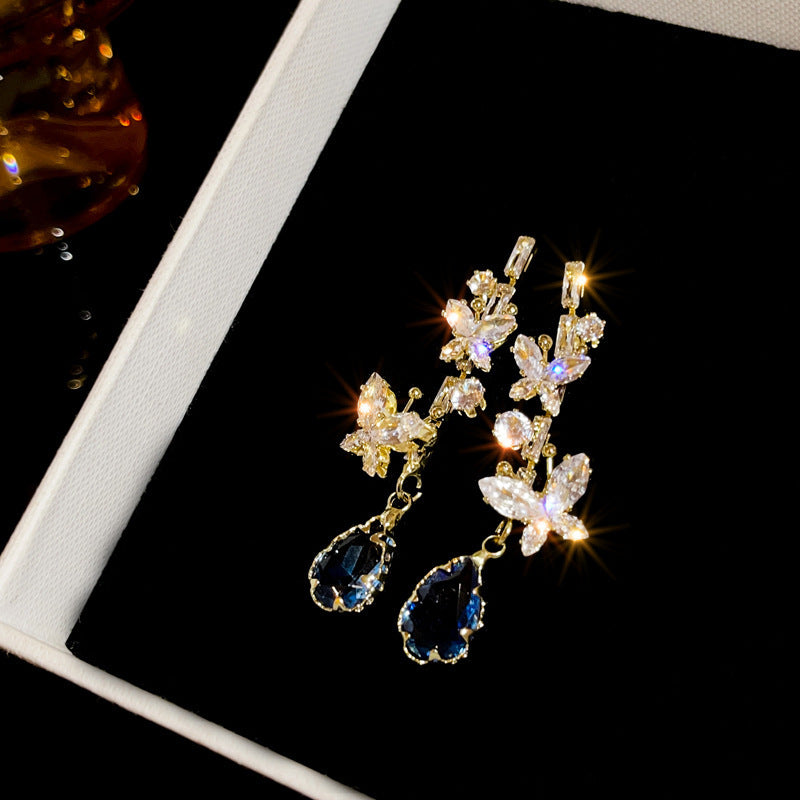 Zircon Butterfly Water Drop Tassel Earrings – Elegant Silver Needle Design