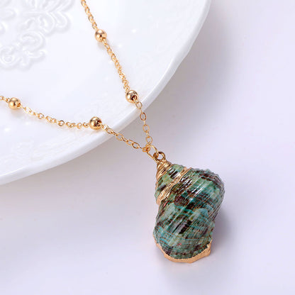 Ins Style Women’s Beach Shell Pendant Necklace – Gold-Plated Edge Conch Design