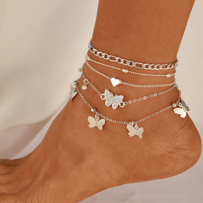 Butterfly Heart Anklet Set – 4-Piece Elegant Beaded Chain for Women