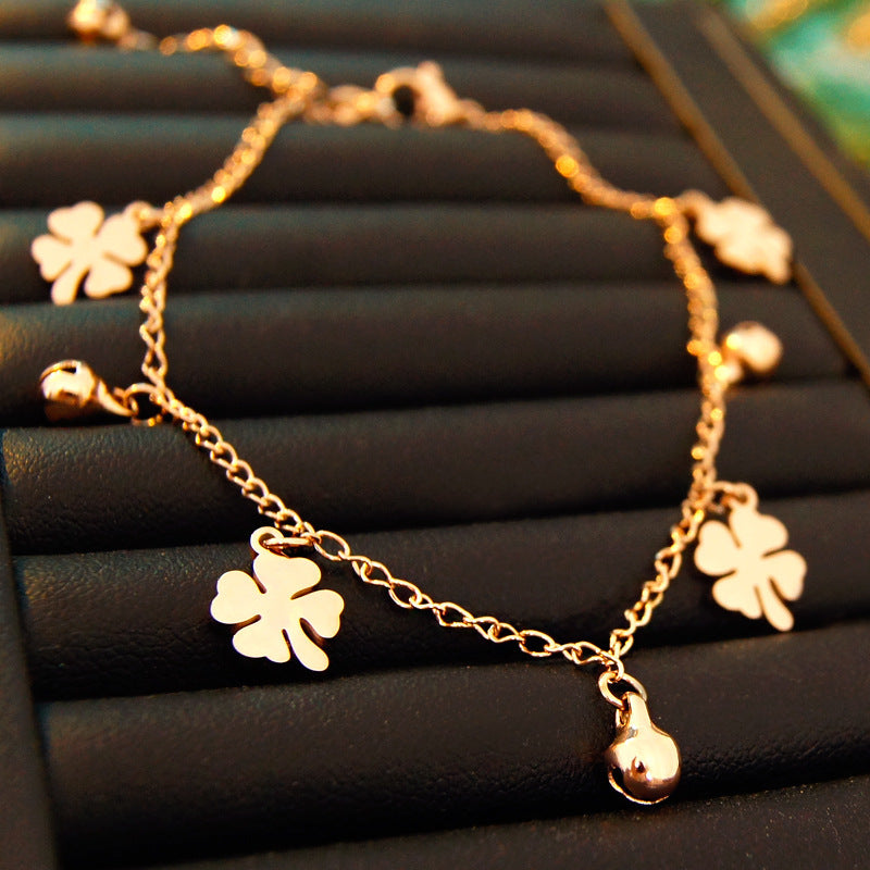 Titanium Steel Clover Bell Anklet – Vintage-Inspired Niche Design Jewelry for Women