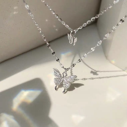 Double Layer Butterfly Sterling Silver Necklace for Women – Elegant & Dainty Design
