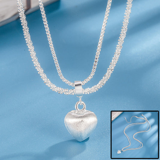 Elegant Double-Layer Heart Necklace for Women – Brushed Pendant & Luxury Chain Design