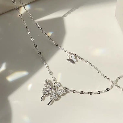 Double Layer Butterfly Sterling Silver Necklace for Women – Elegant & Dainty Design
